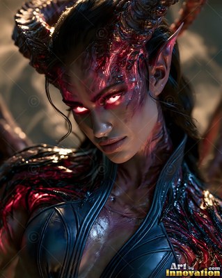 Staring forward, a woman with horns and pointed ears wears a black leather bodice