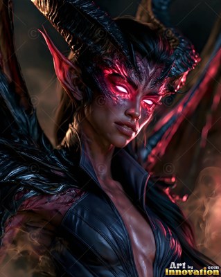 Horned woman with red eyes wearing a black dress