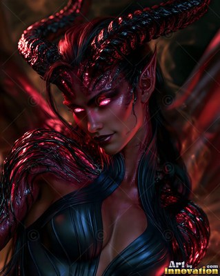 Large curved horns rise from the dark hair of a horned woman wearing black leather in red light