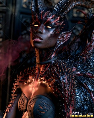 Looking upward in a dark hall, a horned woman wears black spiky armor