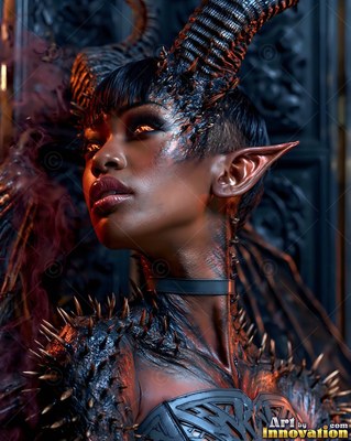 A horned pointed-eared woman looks up while wearing a spiky black top