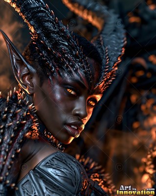 In dark shadows, a horned pointed-eared woman looks over her shoulder