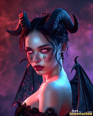 Looking over her shoulder, a horned woman with bat wings stands in purple fog