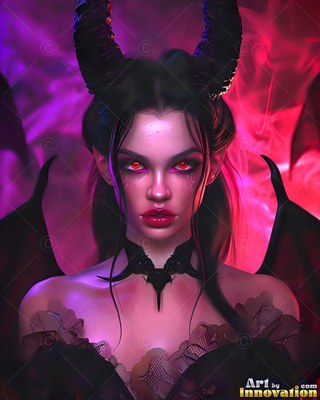Horned woman in lace with red eyes under purple light