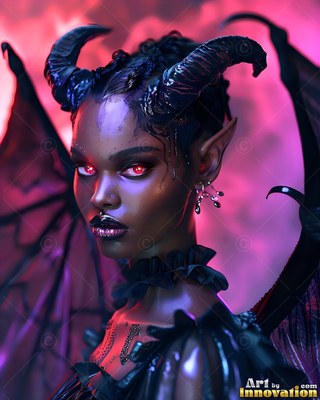 Curved black horns crown a horned woman in ruffled lace against pink light