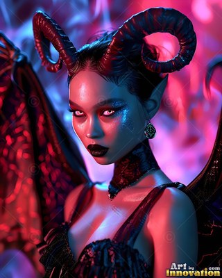 A woman with curved ram horns and wings stares forward under red and purple light