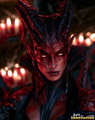Close-up of a horned woman in black, before warm candles in the dark background