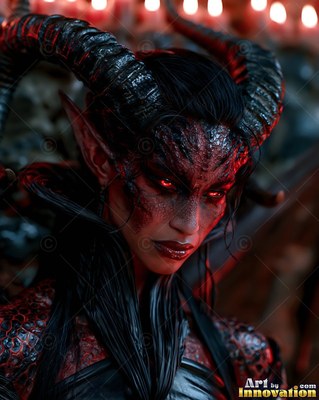 A horned demon woman with red eyes looks aside in warm candlelight