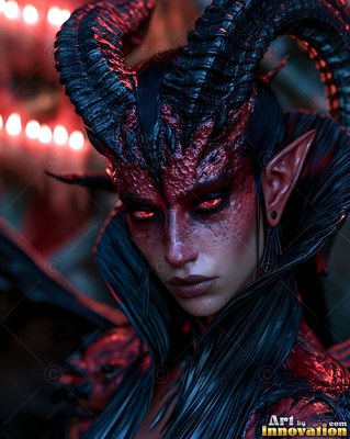 Before blurred red lights, a horned pointed-eared woman wears a black gown