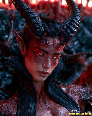 Gazing forward, a horned sharp-eared woman rests in warm red light
