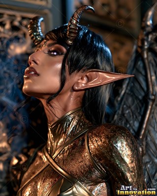 A horned woman with sharp ears looks up in gold armor