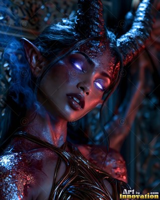 Large ridged horns curl from a horned woman with bright purple eyes in a dim room