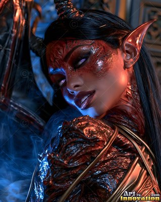 A woman with horns looks over her shoulder in warm light beside blue smoke
