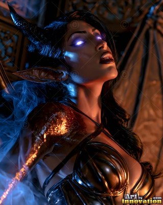 Tilted back in a dark room, a horned woman with bright eyes breathes blue smoke