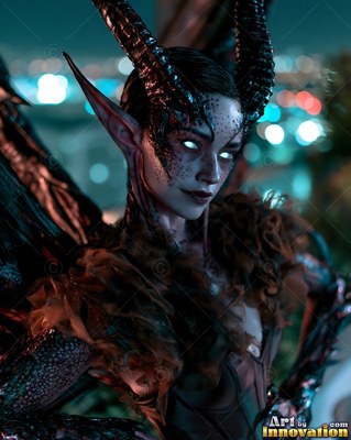 A horned woman with sharp ears and bright white eyes stands against city lights