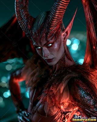 Staring forward, a horned woman with red wings poses before soft green lights