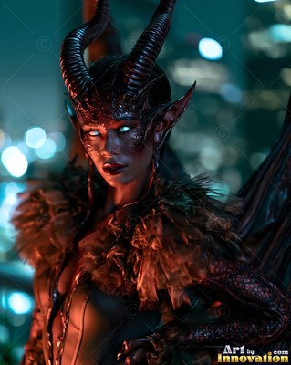 Horned demon woman in feathered collar with city lights behind