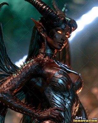 A horned woman poses in profile under warm light that catches her dark scales