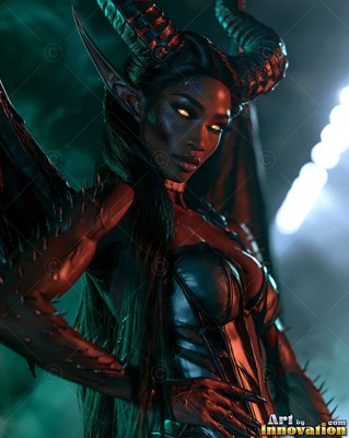 Facing forward in a dim room, a horned woman poses in a black corset