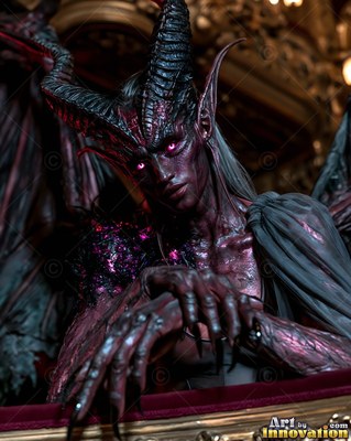 In a dark theater box, a horned woman rests her long clawed hands on the velvet rail