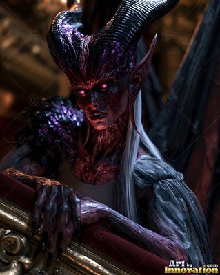 Leaning on a red velvet railing, a horned demon woman stares forward in dim light