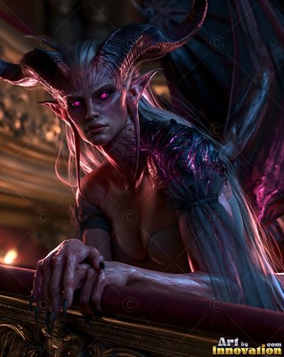 A horned winged woman leans on a dark balcony railing