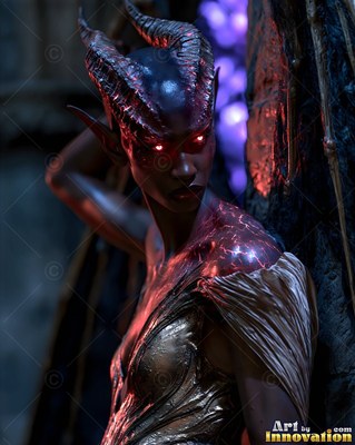 Curling black horns rise from a woman wearing a bronze gown in a dark room with purple lights