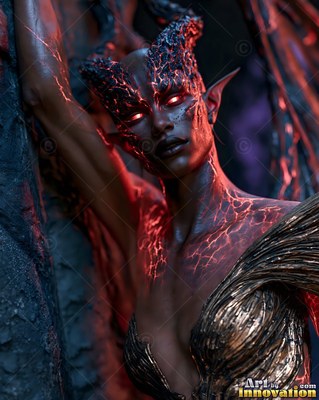 A horned woman leans against a stone wall with red cracks across her skin