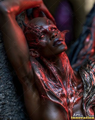 Reclining against dark stone, a horned woman looks up in red light