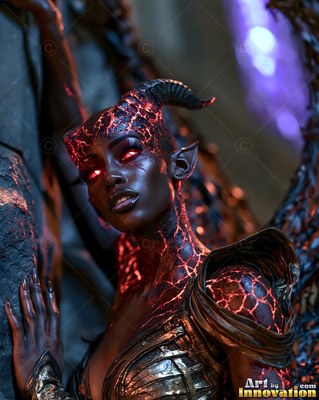 A horned woman with cracked red skin and bright red eyes rests against a wall