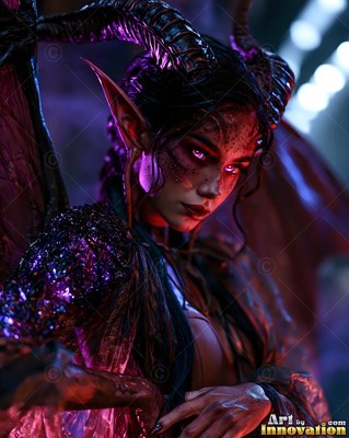 In a dark hall, a winged horned woman with bright purple eyes looks forward