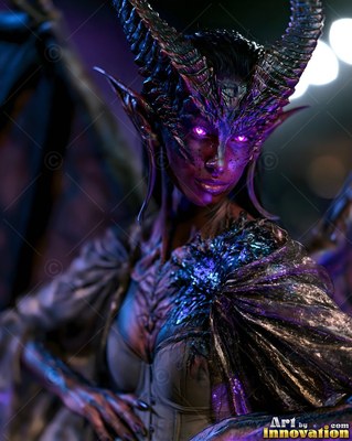 Gazing forward, a horned woman with purple skin wears a dark gown with folded wings