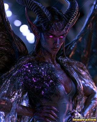 Woman with curved horns and purple eyes standing with hands on hips