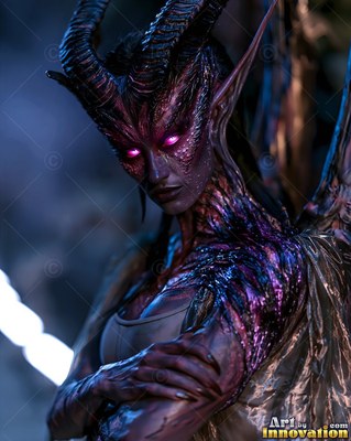 Curled horns rise from the scaled head of a winged woman standing in dim blue light