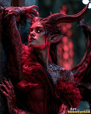 A horned woman poses against a wall under deep red lighting