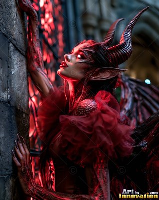 Looking up beside a stone wall, a horned woman poses in red light