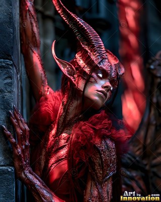 A horned demon woman in a ruffled red dress leans against a dark stone wall