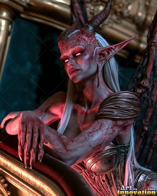 Leaning on a gold railing, a horned woman with peaked ears looks sideways in red light