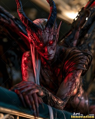 Horned demon woman with red eyes leaning on a green railing