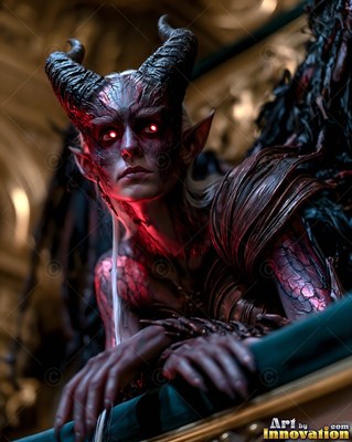 Curved dark horns frame the face of a horned woman leaning over a green railing in dim red light