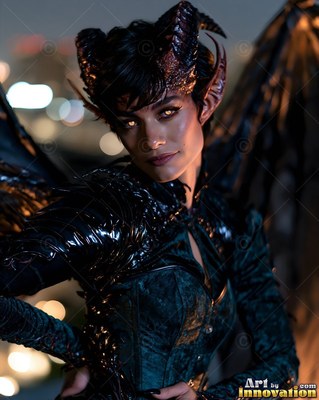 A horned woman with wings poses in black armor before soft city lights