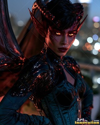 Turned sideways on a city balcony, a horned woman wears black latex