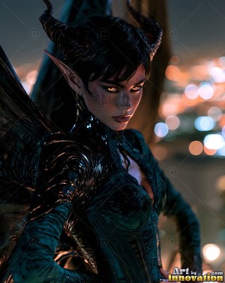 Horned woman with dark wings in a black dress before city lights