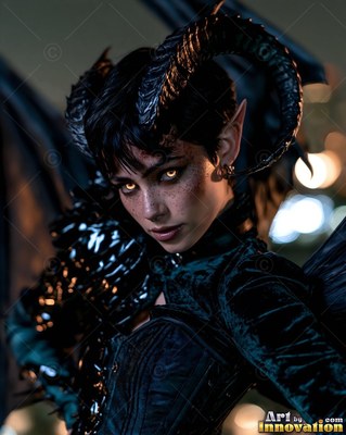 In a dark room, a horned woman with peaked ears wears a black velvet dress