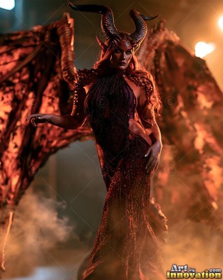 Standing in warm smoke, a horned woman poses in a dark red dress with spread wings