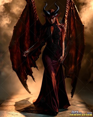 Horned woman with red wings walking forward in a dark gown