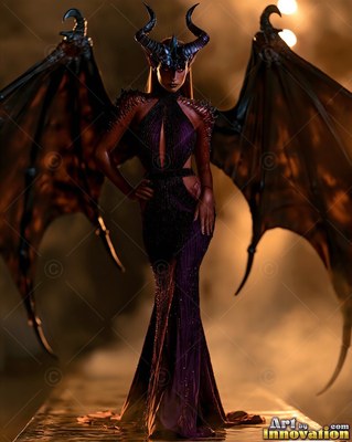 A woman in a purple slit dress and dark bat wings stands in warm, smoky light