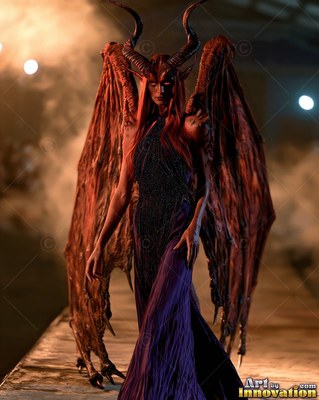 A horned winged woman walks forward down a runway in warm golden light