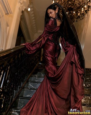 Looking back over her shoulder on a dark staircase, a horned woman in a red silk dress