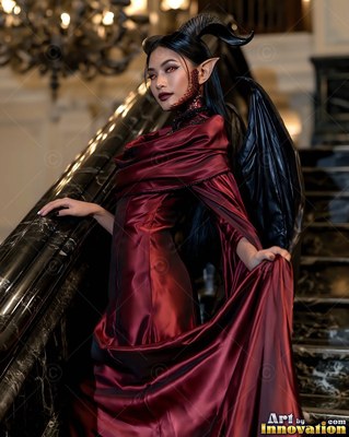 A horned woman in a dark red satin dress rests her hand on a marble staircase railing